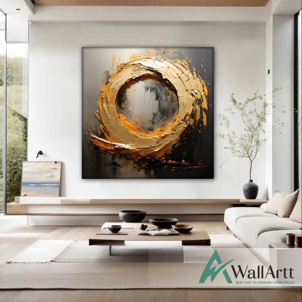 Abstract Gold Orange Tornado 3D Heavy Textured Partial Oil Painting - Wall Art